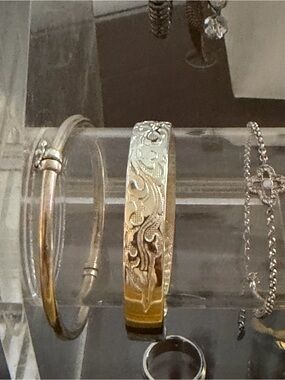 Elegant Silver-Tone Engraved Bangle Bracelet - Women